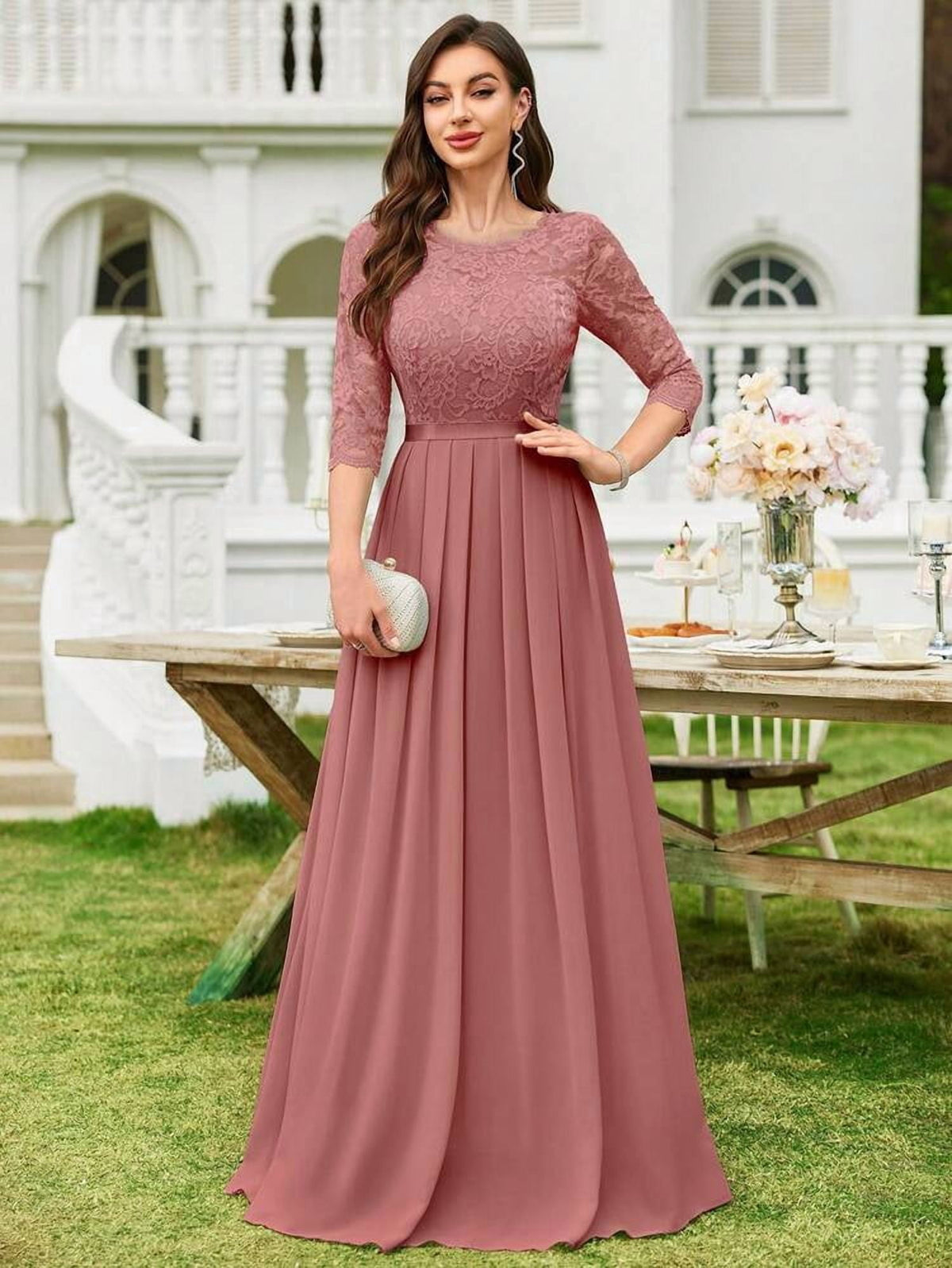thumbnail image 1 of Dusty Pink Lace Bodice Chiffon Pleated Long Evening Dress, 1 of 8