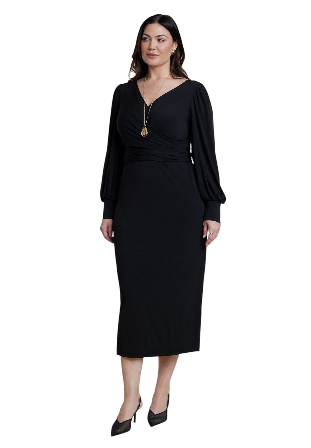 thumbnail image 1 of ELOQUII Women's Plus Size Cross-Front Belted Knit Midi Dress, 1 of 3