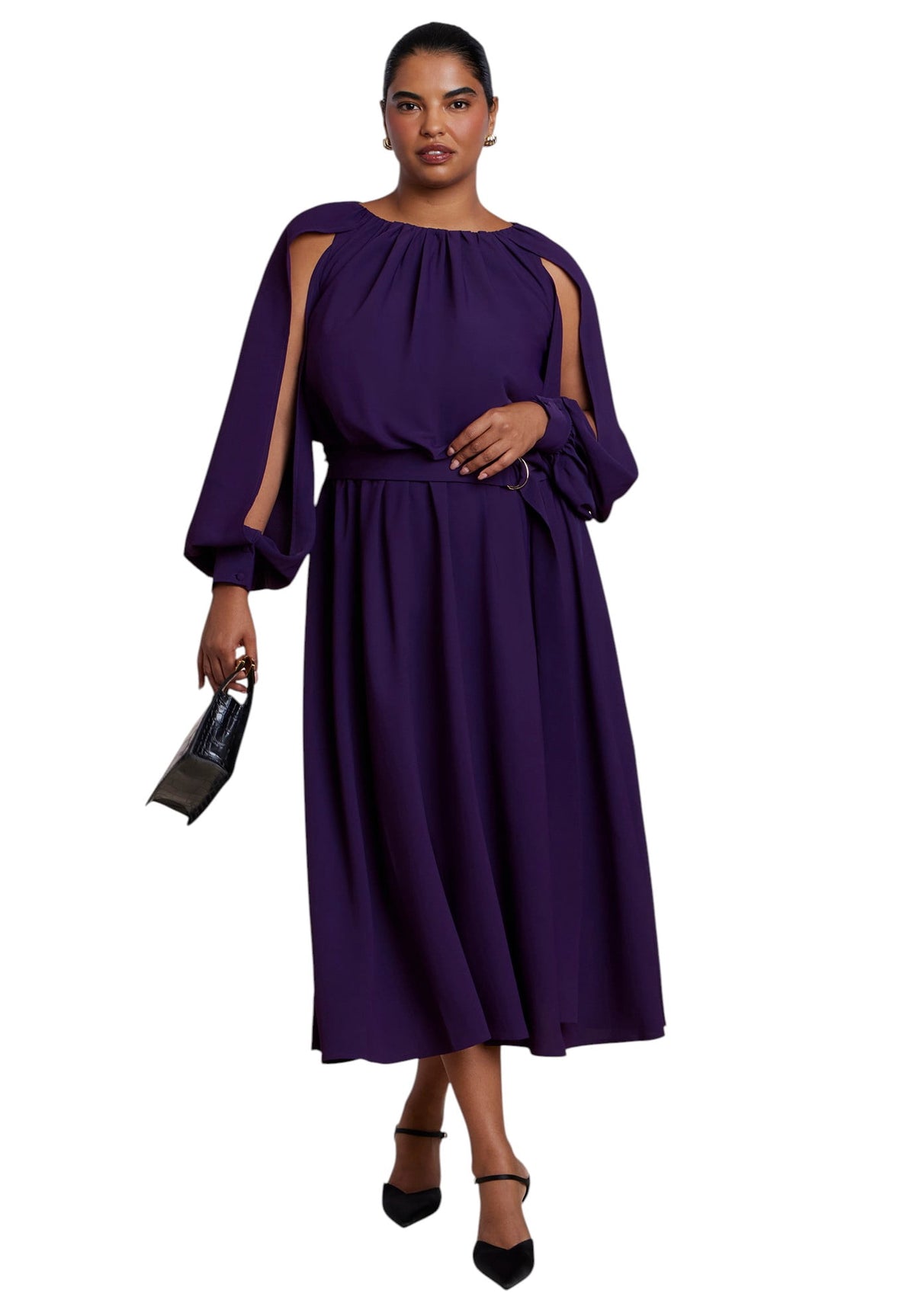 thumbnail image 1 of ELOQUII Women's Plus Size Sleeve Detail Belted Maxi Dress, 1 of 3
