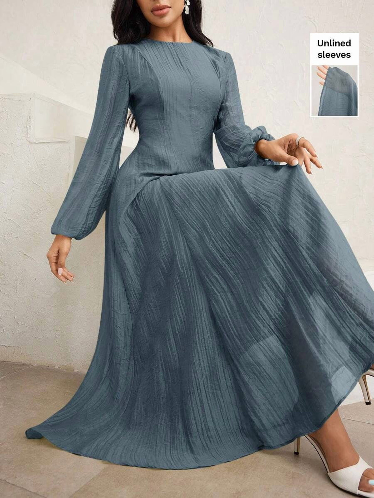 thumbnail image 1 of Elegant High Neck Ruched Waist Maxi Dress With Long Sleeves In Blue, 1 of 30
