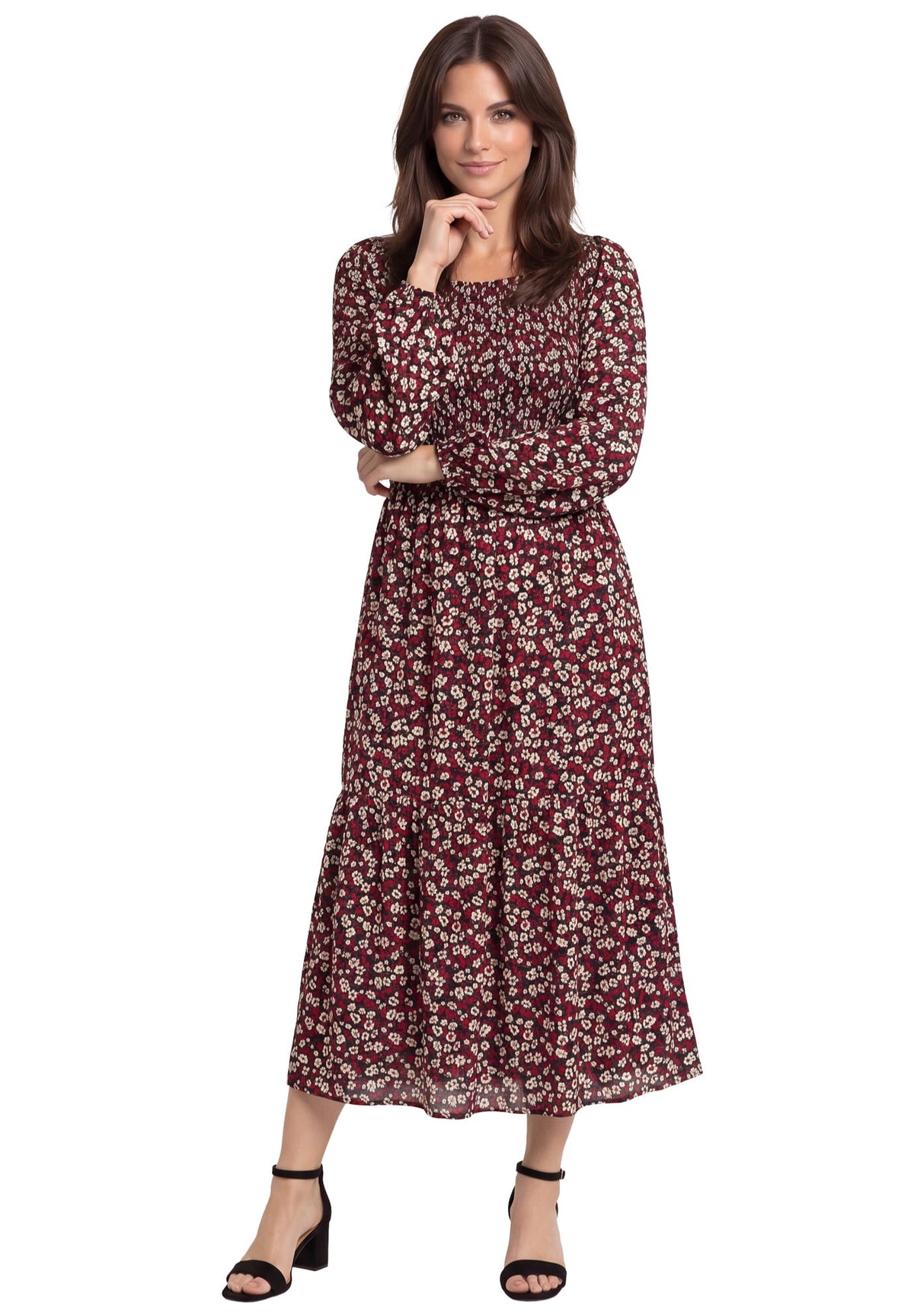 thumbnail image 1 of Ellos Plus Size Smocked Bodice Scoopneck Long Sleeve Tiered Midi Dress, 1 of 3