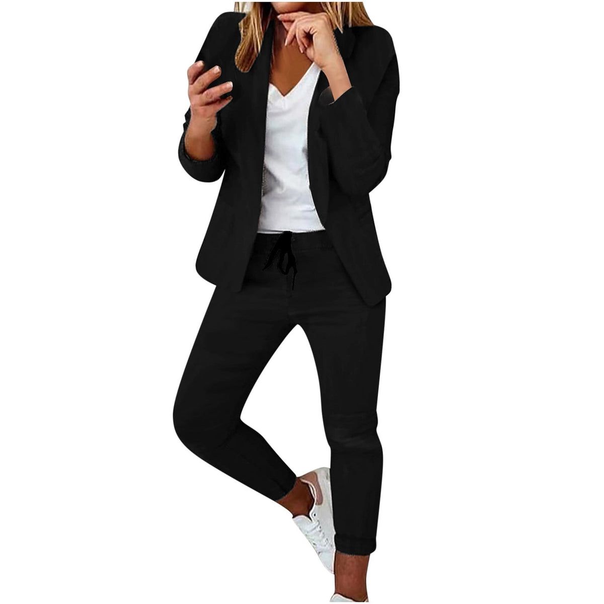 thumbnail image 1 of FAIWAD Womens 2 Piece Suit Open Front Long Sleeve Blazer with Elastic Waist Straight Pant Elegant Blazer Suit (Large, Black), 1 of 6