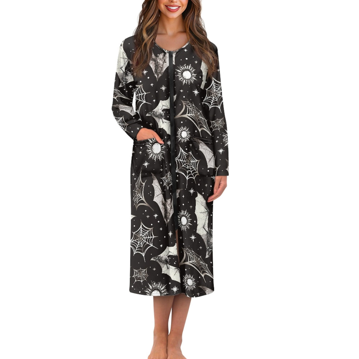 thumbnail image 1 of FKELYI Black Spiderweb Bat Star Print Women Zip Up Robe Nightgowns House Coats Full Length Soft House Dress Long Sleeve Bathrobe with 2 Pockets Nightwear, 4XL, 1 of 6