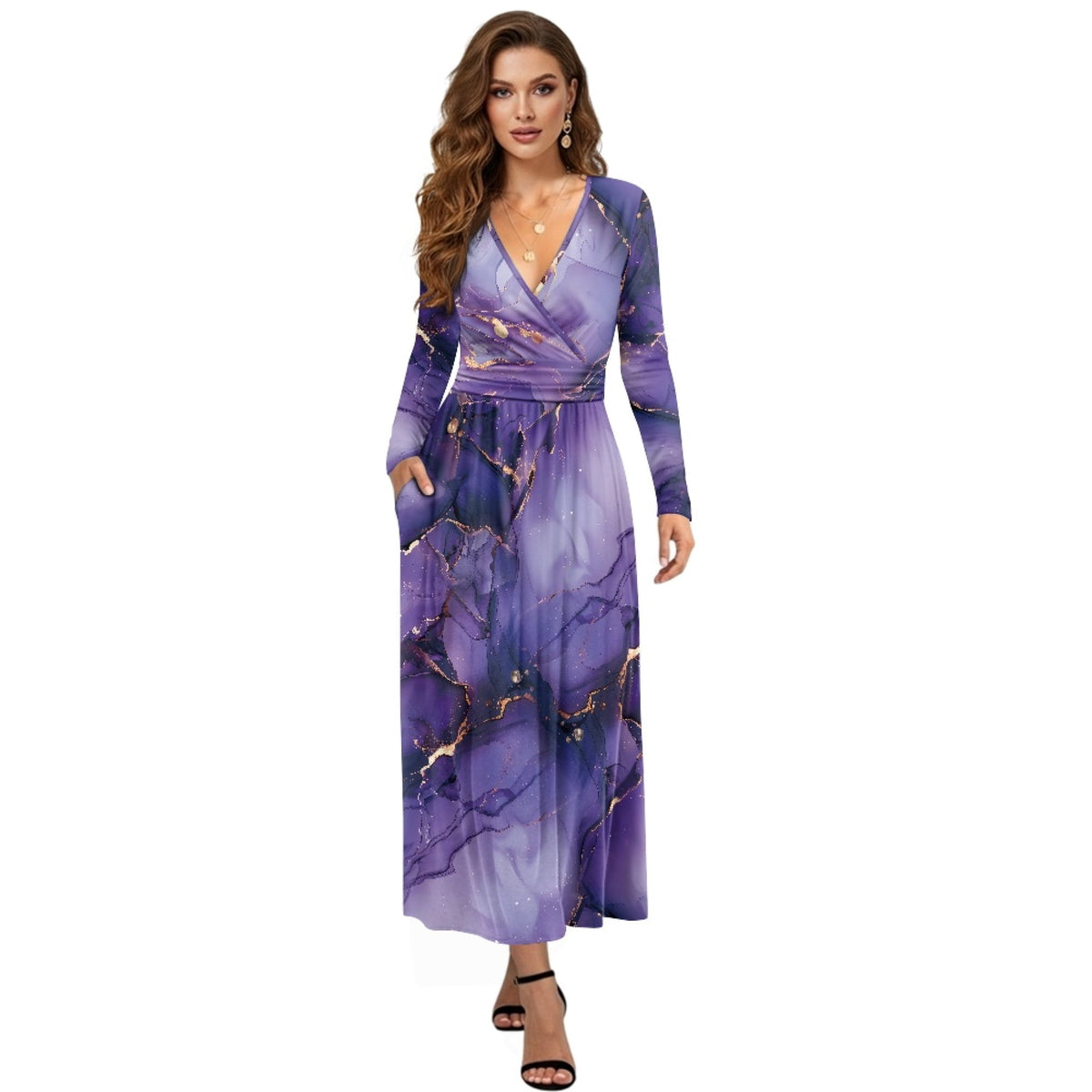 thumbnail image 1 of FKELYI Fall Maxi Dress for Women Long Sleeve A-Line Flowy Dresses with Side Pockets Marble Purple Gold Print V Neck Casual Dress for Spring Winter, 2XL, 1 of 6