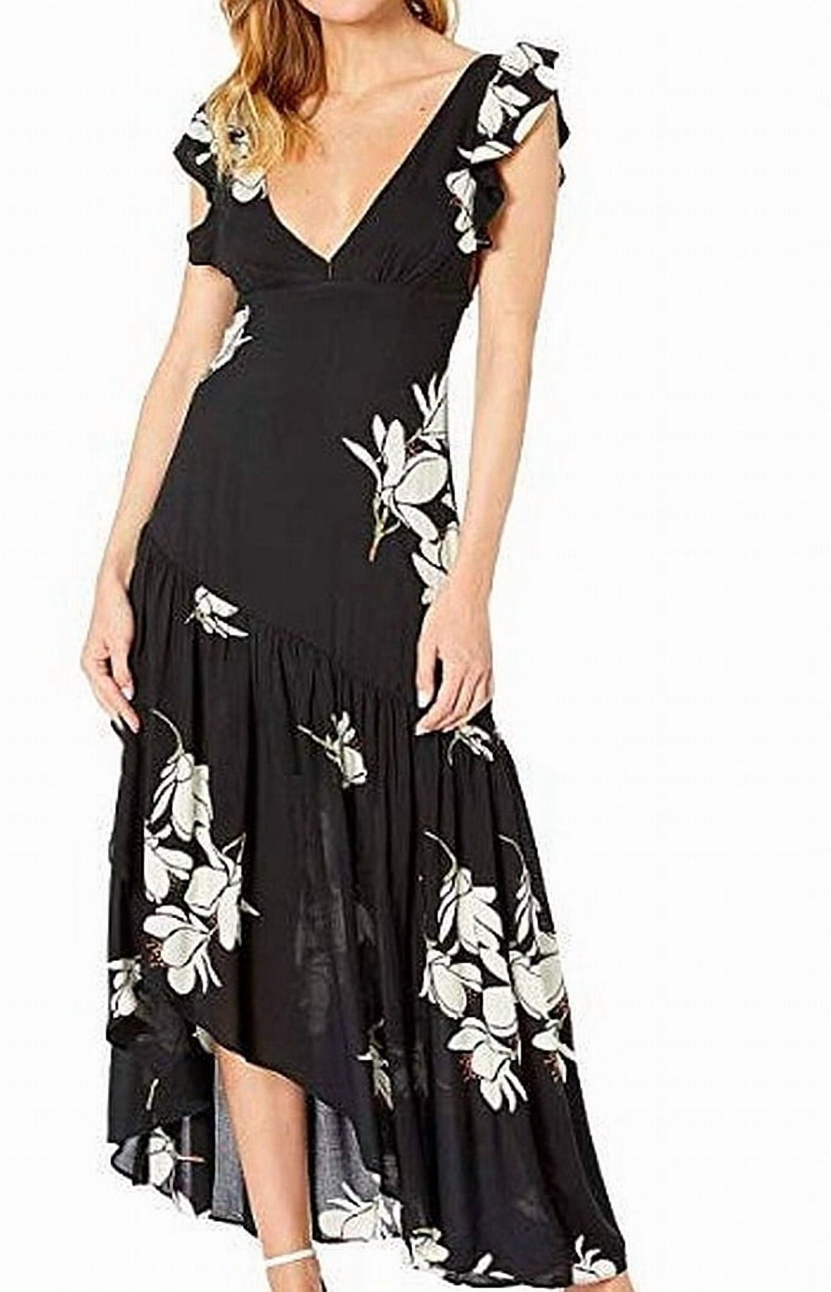 thumbnail image 1 of FREE PEOPLE Womens Black Floral Cap Sleeve V Neck Maxi Hi-Lo Casual Dress 6, 1 of 4
