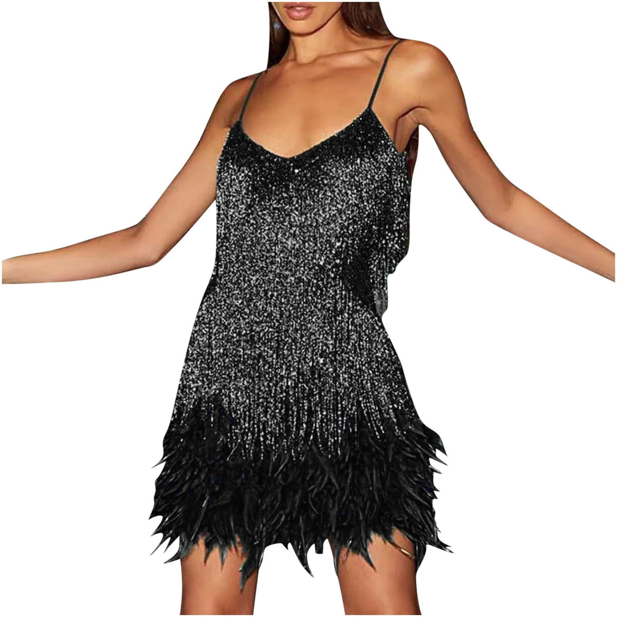 thumbnail image 1 of FRSASU Plus Size Dress Women'S Suspender Crewneck Sequin Feather Sleeveless Solid Mini Dress Party Dress, 1 of 1