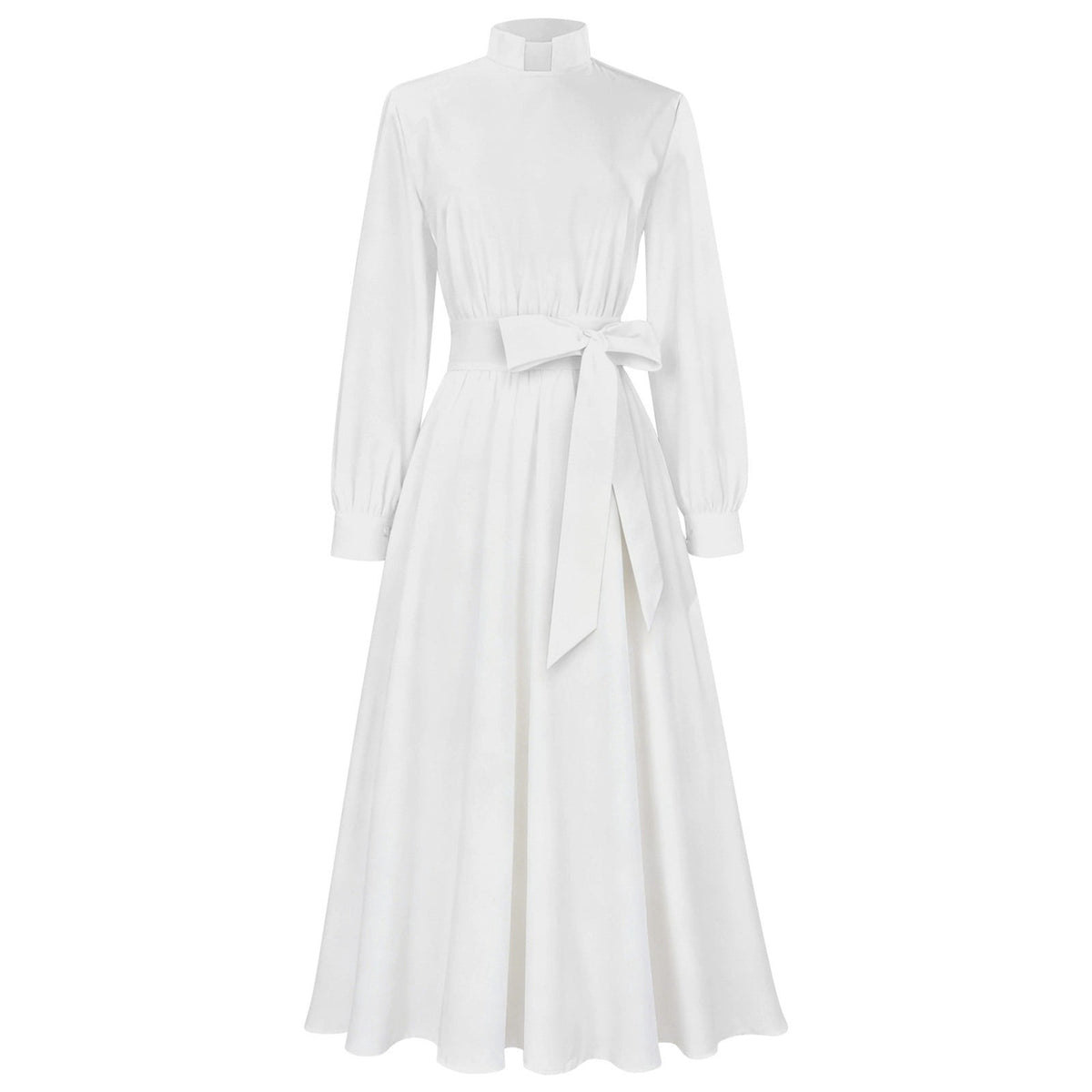 thumbnail image 1 of FYEGRE Clergy Dress for Women Long Sleeve A Line Elegant Maxi Dress with Tab Insert Stand Collar and Belt White S, 1 of 8