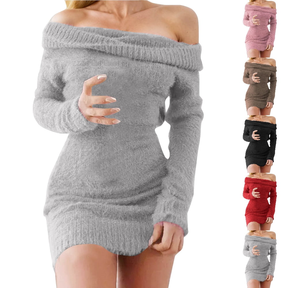 thumbnail image 1 of GPOECD Womens Sweater Dress Off Shoulder Bodycon Long Sleeve Knit Winter Holiday Party Elegant Sweater Dress for Women Fall, 1 of 6