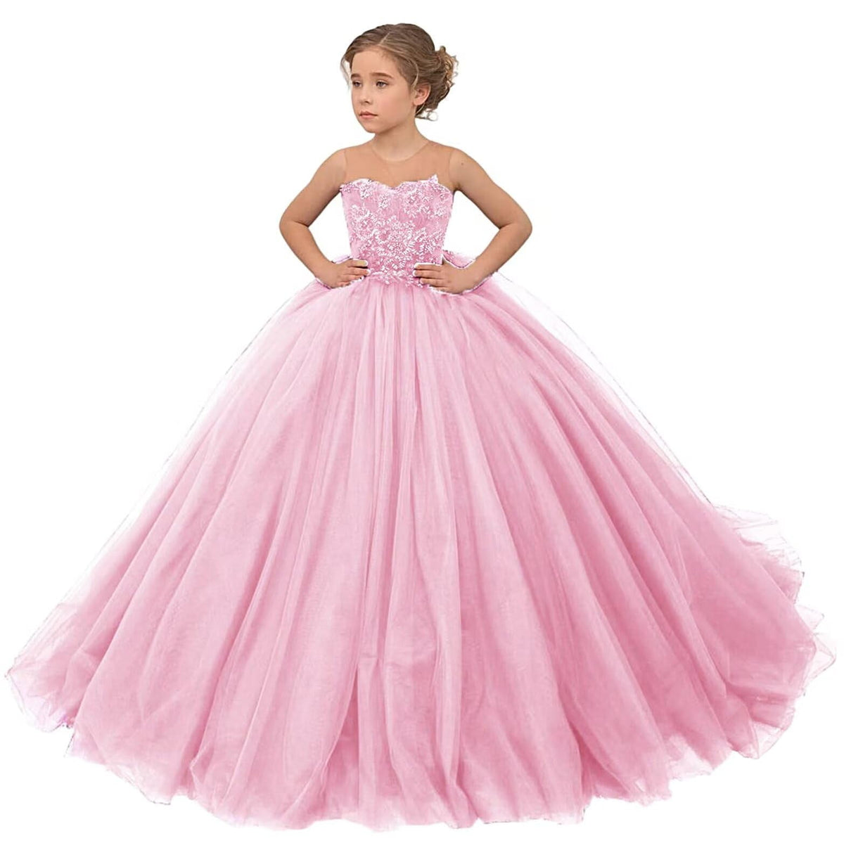 thumbnail image 1 of Girl Tulle Flower Dress for Wedding Lace Applique Princess Pageant Dresses Long Girls Party Ball Gow, 1 of 6