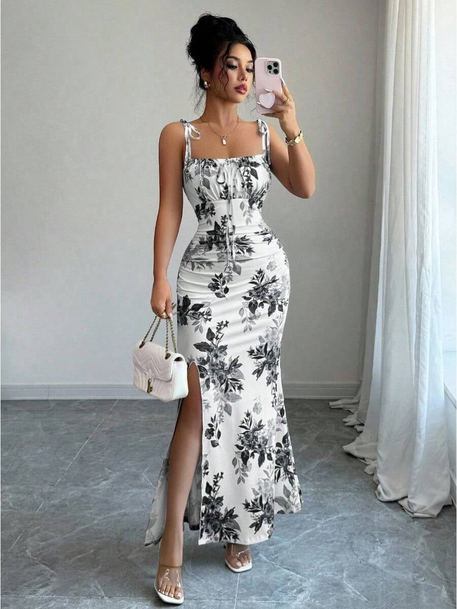thumbnail image 1 of Grey Floral Tie-Strap Maxi Dress With Square Neck Ruched Waist And Side, 1 of 12