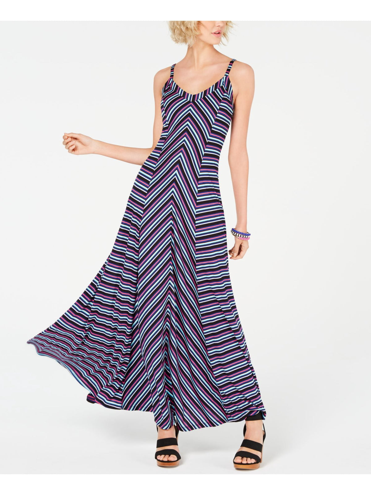 thumbnail image 1 of INC Womens Black Striped Spaghetti Strap V Neck Maxi Shift Dress Size: S, 1 of 4