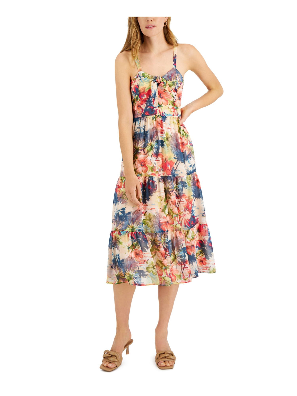 thumbnail image 1 of INC Womens Pink Zippered Smocked Tie Detail Tiered Lined Floral Sleeveless V Neck Midi Fit + Flare Dress 12, 1 of 4