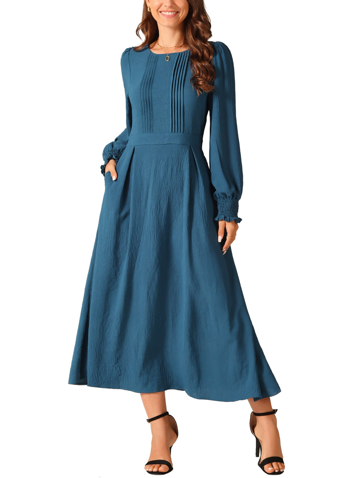 thumbnail image 1 of INSPIRE CHIC Women's Dress Crewneck Long Sleeves Frilled A-Line Midi Dresses with Pockets Peacock Blue M, 1 of 6