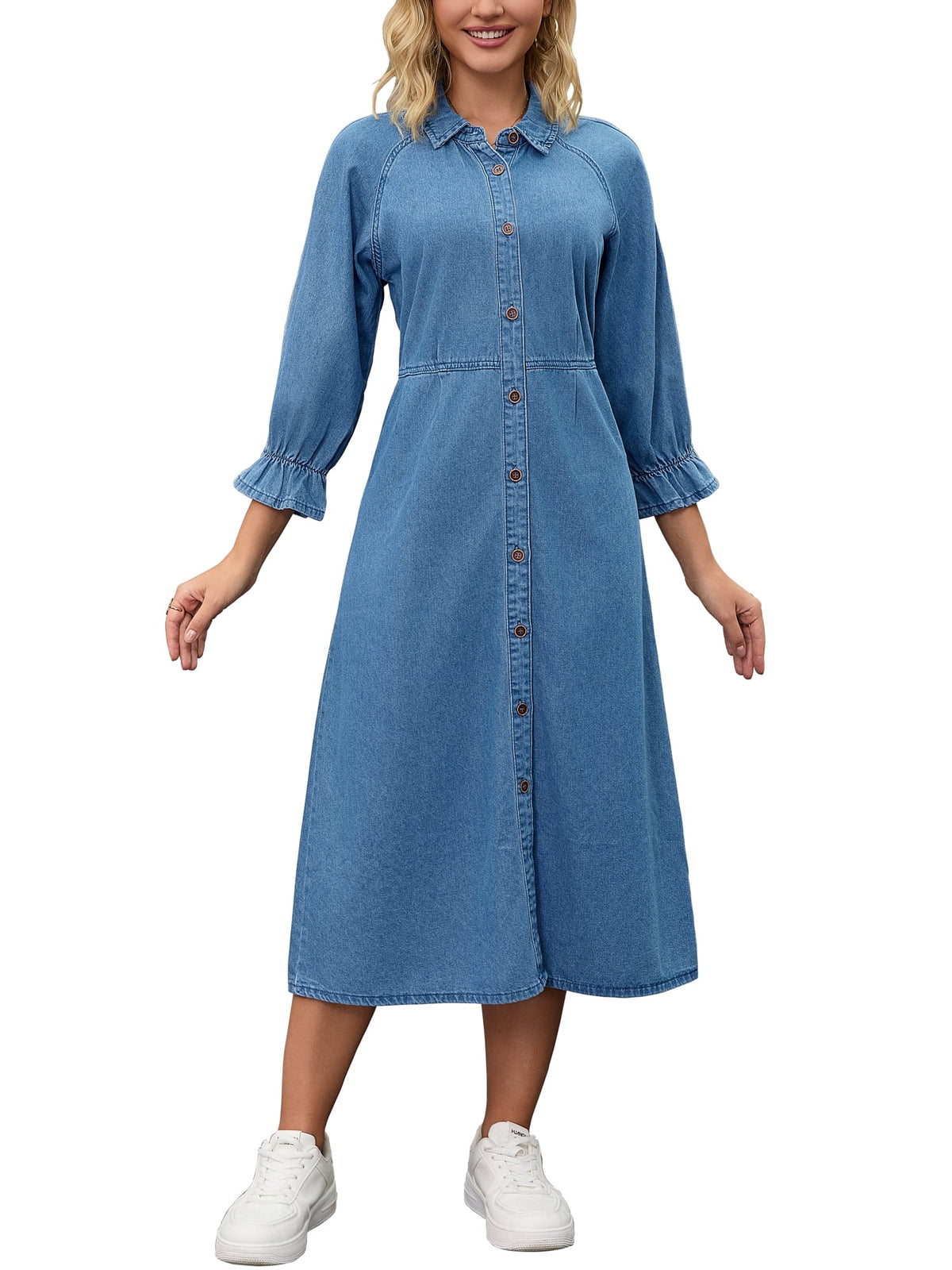 thumbnail image 1 of INSPIRE CHIC Women's Jean Dress 3/4 Sleeve Button Down Midi Denim Dress Blue S, 1 of 7