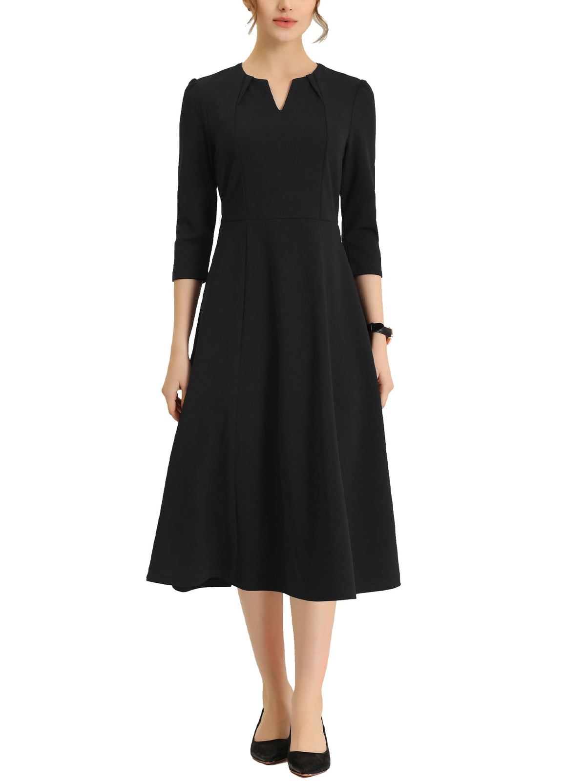 thumbnail image 1 of INSPIRE CHIC Women's Work Dress A Line 3/4 Sleeves Elegant Midi Dress Black XS, 1 of 6