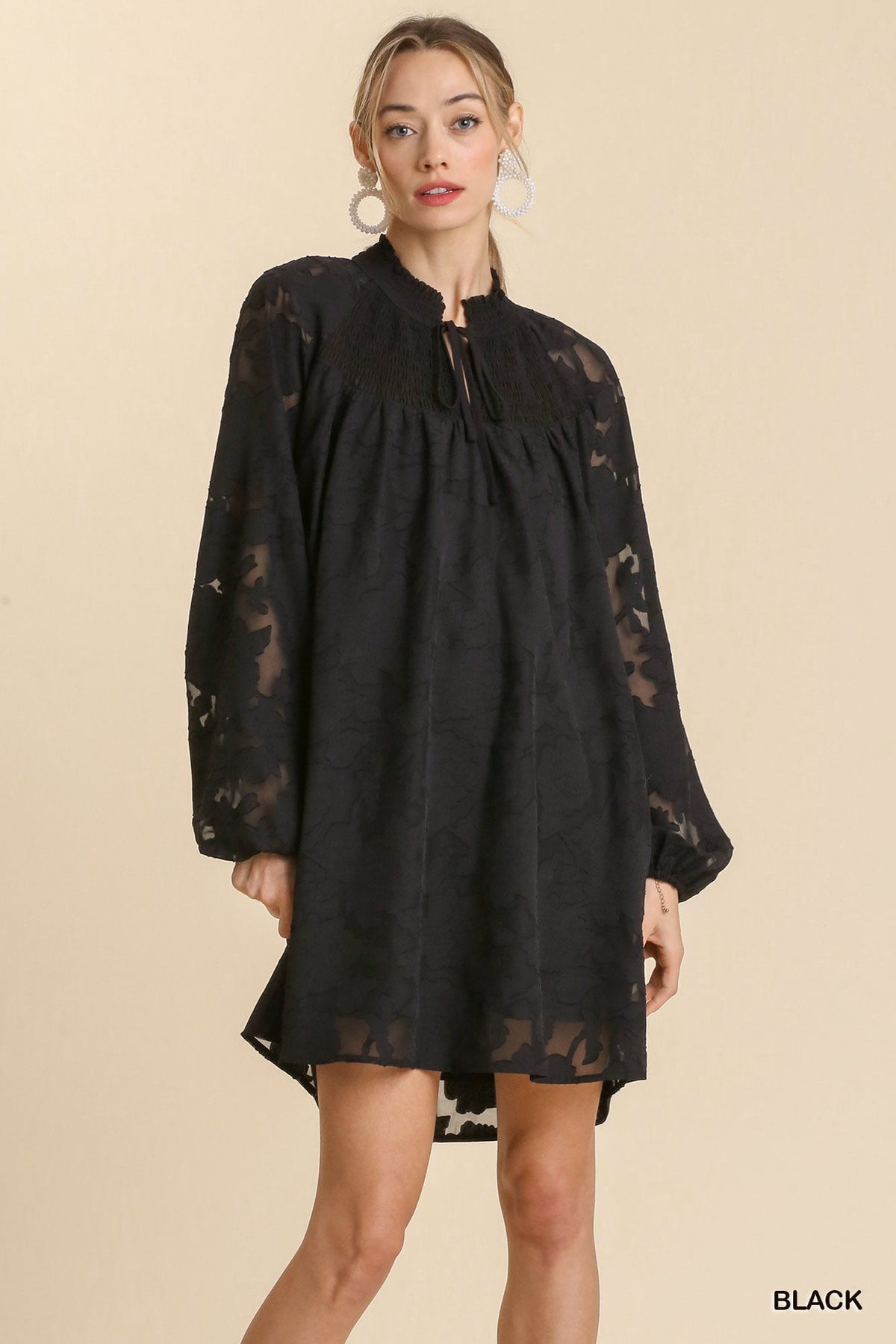 thumbnail image 1 of Jacquard Raglan Smocked Tie Neck Yoke Dress, 1 of 5
