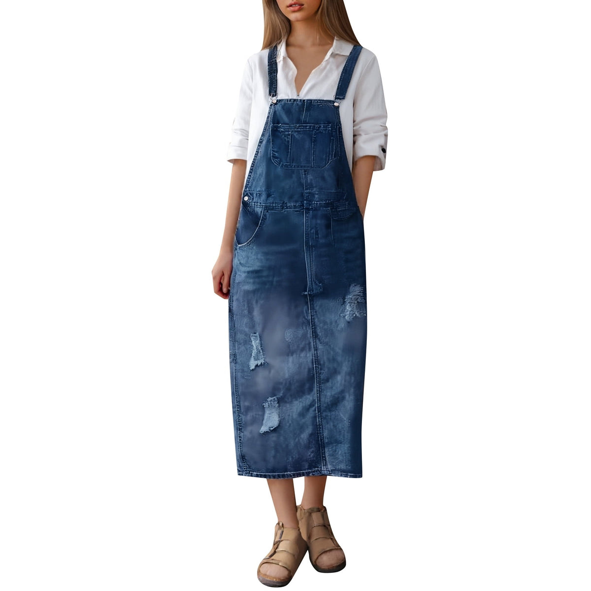 thumbnail image 1 of Jamsmile Womens Overall Denim Dress Ripped Spaghetti Strap Casual Backless Loose Streetwear Dress, 1 of 5
