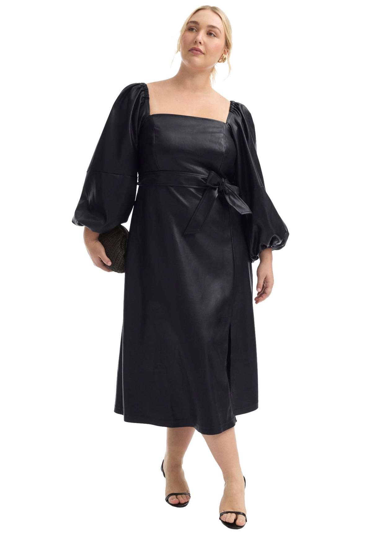 thumbnail image 1 of June & Vie Women's Plus Size Sleeve Faux Leather Midi Dress, 1 of 4