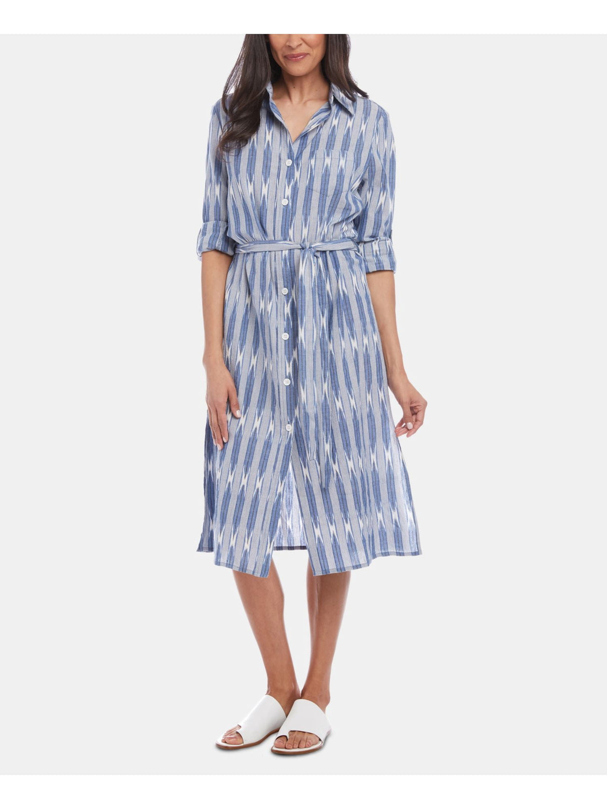 thumbnail image 1 of KAREN KANE Womens Navy Belted Printed 3/4 Sleeve Collared Midi Shirt Dress L, 1 of 2