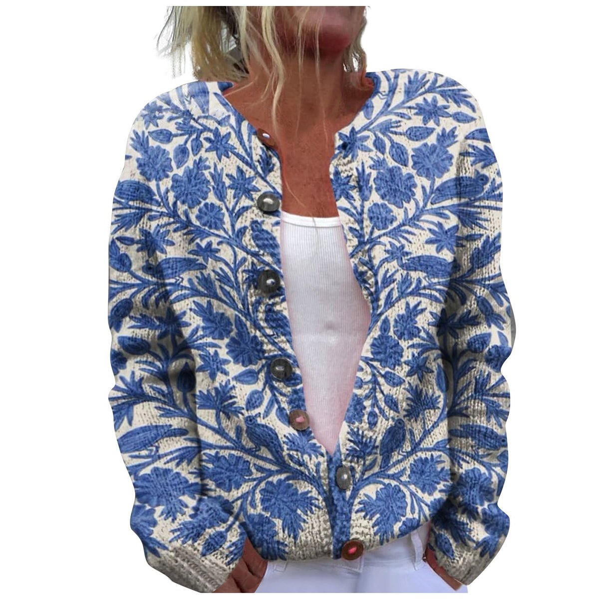 thumbnail image 1 of LEKODE Cropped Cardigan Long Sleeve V Neck Button Down Hollow Out Floral Crochet Cover Up Going Out Outerwear A Blue L, 1 of 8