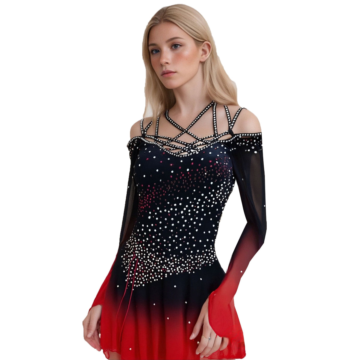 thumbnail image 1 of LIUHUO Custom Black - Red Gradient Spandex Ice Skating Dresses for Women & Girls - High Elasticity, Cross - Diamond Shoulder Straps, 1 of 7