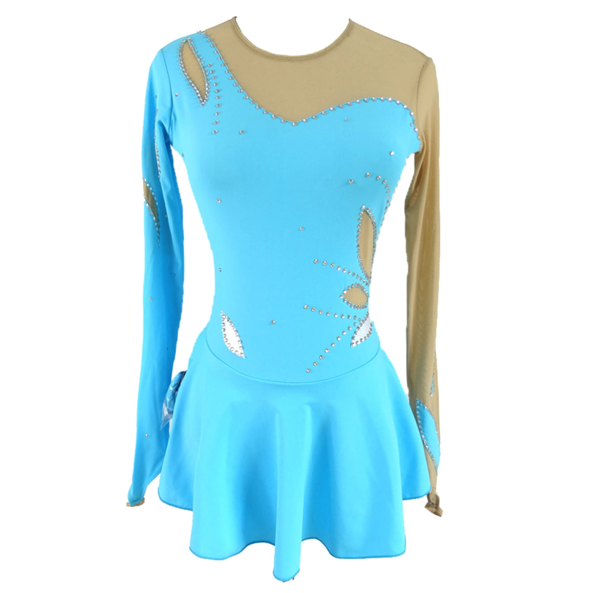 thumbnail image 1 of LIUHUO Custom Long sleeved Figure Skating Dress Girls Ladies Blue Spandex with Diamond Decor Leaf Pattern, 1 of 7