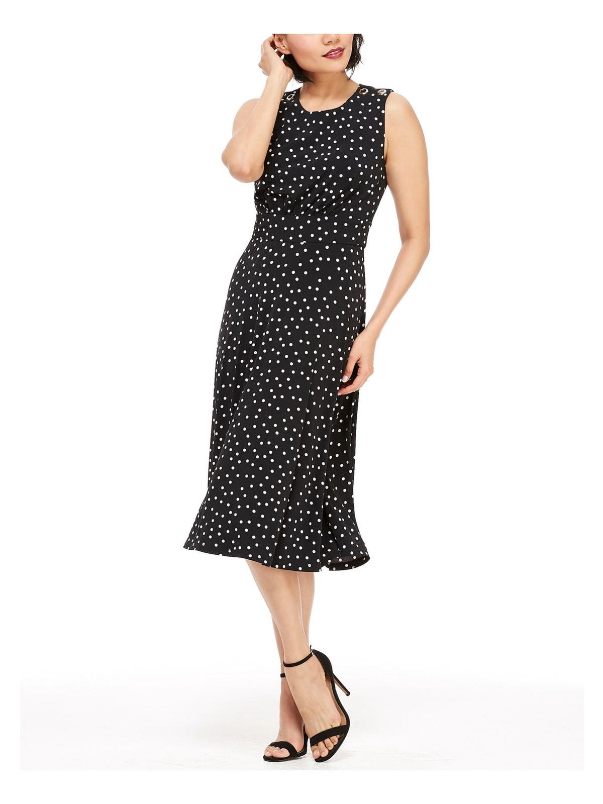 thumbnail image 1 of LONDON TIMES Womens Navy Jersey Gathered Zippered Partially Lined Polka Dot Sleeveless Crew Neck Below The Knee Fit + Flare Dress Petites 12P, 1 of 4