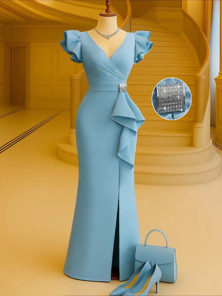 thumbnail image 1 of Light Blue V-Neck Long Dress with Ruffle Sleeves and Rhinestone Belt, 1 of 5