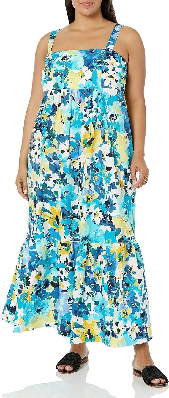 thumbnail image 1 of London Times Women's Cotton Smocked Back Babydoll Tiered Maxi Dress, 1 of 7