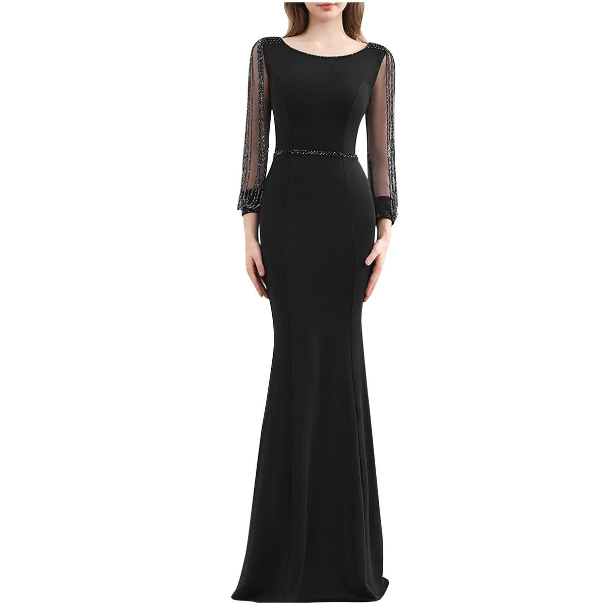 thumbnail image 1 of Long Sleeve Prom Dress for Women Beads Mesh Sleeve Maxi Dress Bodycon Fall Mermaid Party Wedding Long Dresses Tea Party Dress Black XXL, 1 of 6