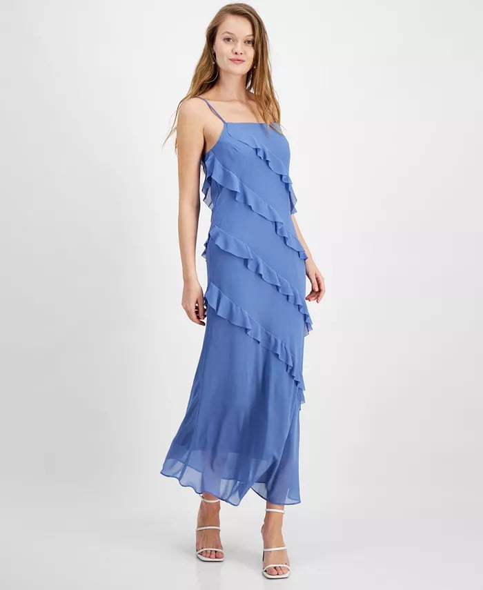 thumbnail image 1 of Lucy Paris BLUE Women's Daria Bias-Ruffled Maxi Slip Dress, US X-Large, 1 of 4