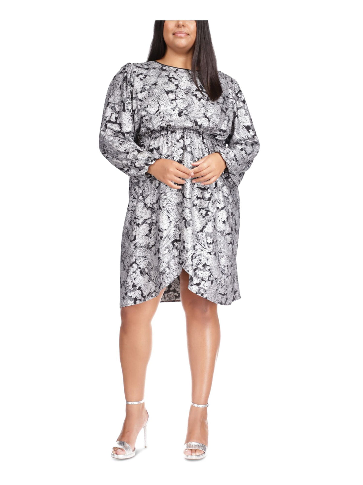 thumbnail image 1 of MICHAEL MICHAEL KORS Womens Black Ruffled Keyhole Back Elastic Waist Paisley Pouf Sleeve Boat Neck Above The Knee Party Tulip Dress Plus 0X, 1 of 4
