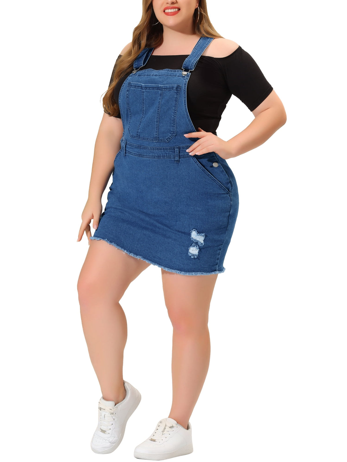 thumbnail image 1 of MODA NOVA Juniors Plus Size Overall Chambray Jean Denim Suspender Dresses, 1 of 6