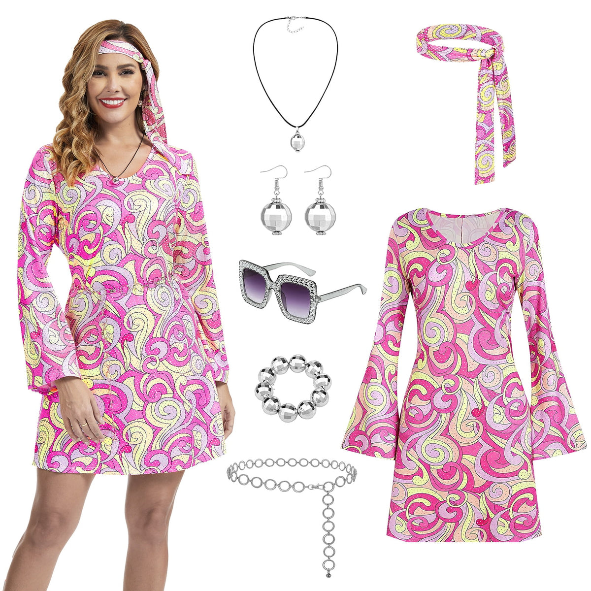 thumbnail image 1 of MYATED 70s Disco Outfit Hippie Costume Women,7 PCS 60s Disco Dress Costume Disco Accessories Jewelry Halloween (Pink,S), 1 of 6