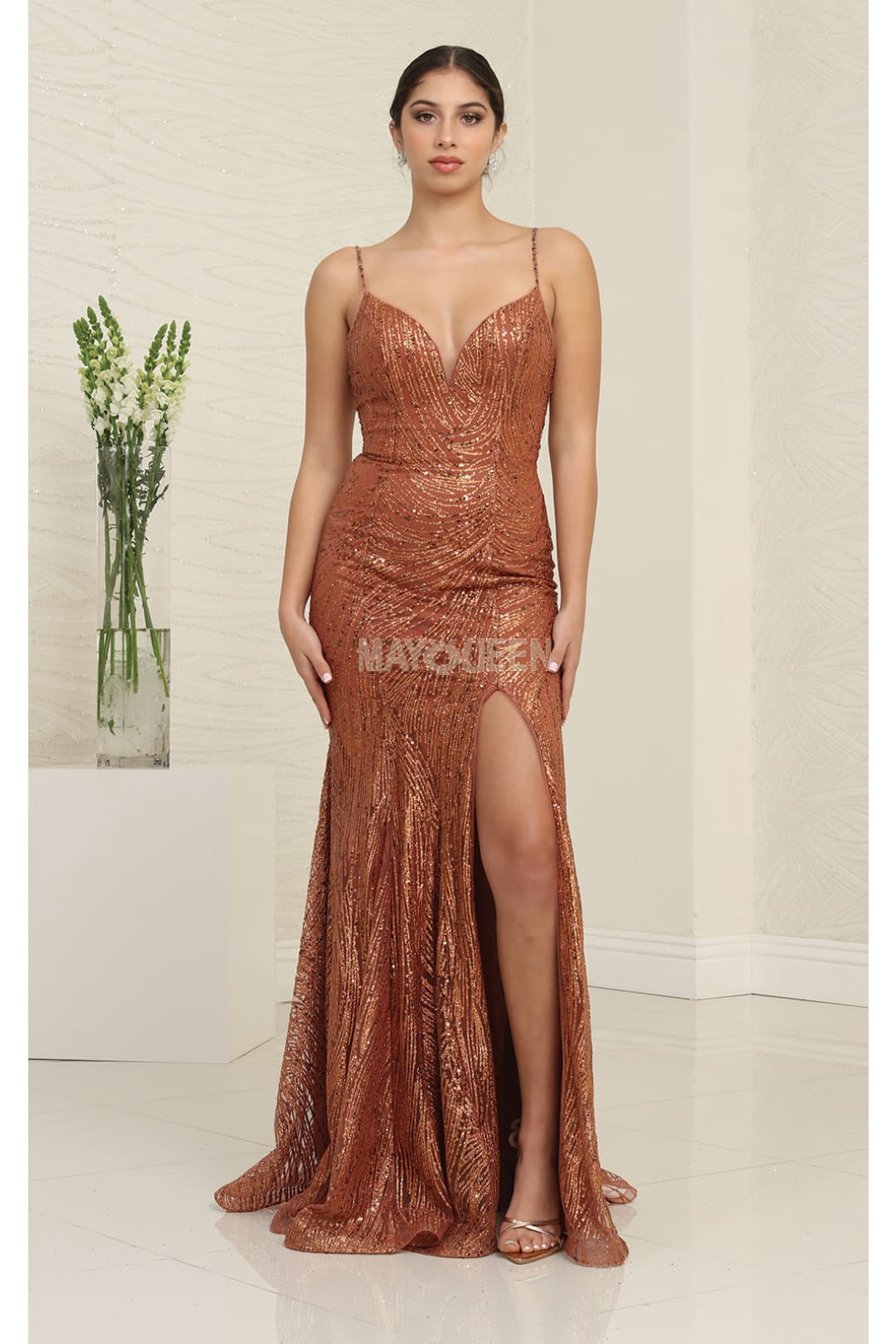 thumbnail image 1 of May Queen MQ2036 Juniors Womens Glitter Corset Floral Appliqued A-Line Prom Dress, 1 of 11