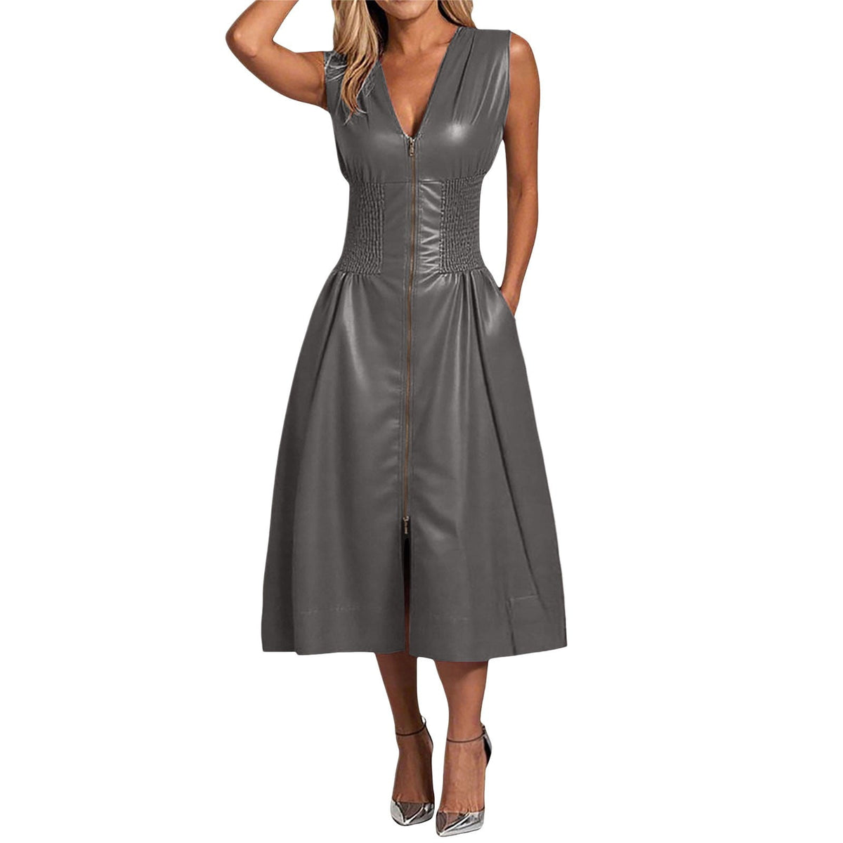 thumbnail image 1 of OSOLU Women Casual Dress Sleeveless Leather Zip Long Dress For Daily Vacation Stylish Solid Color Design Comfortable Fashion Dresses Holiday Hawaiian Flowy Sundress, 1 of 5