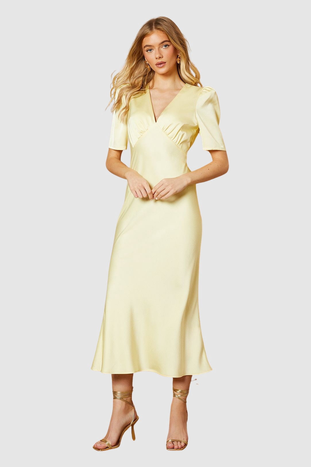 thumbnail image 1 of Oasis Satin V-Neck Midi Dress - Yellow, 4, 1 of 3