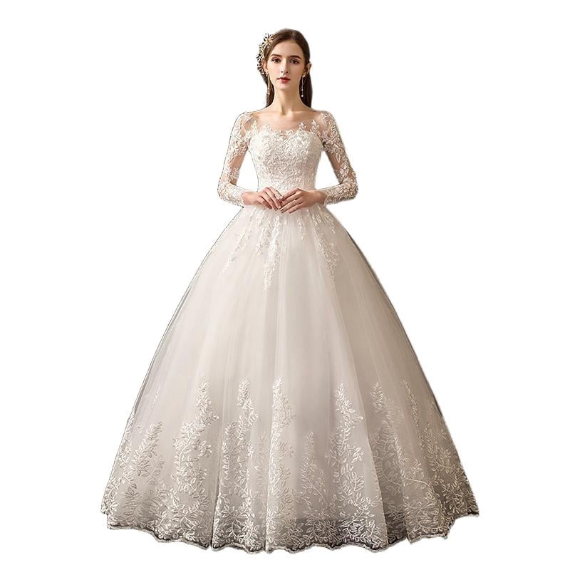 thumbnail image 1 of Off-white, court-style lace long-sleeved wedding dress with a high waist, voluminous skirt, and a slimming effect. Features a U-neckline and tie-up detailing. A floor-length bridal gown, 1 of 7