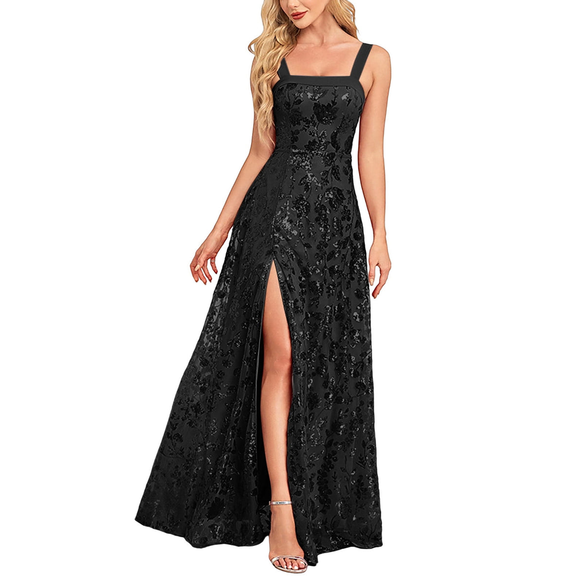 thumbnail image 1 of Oplxuo Women's Sequins Sexy Slit Evening Maxi Dress - Elegant Spaghetti Strap Square Neck A-Line Long Cocktail Party Dresses, 1 of 4
