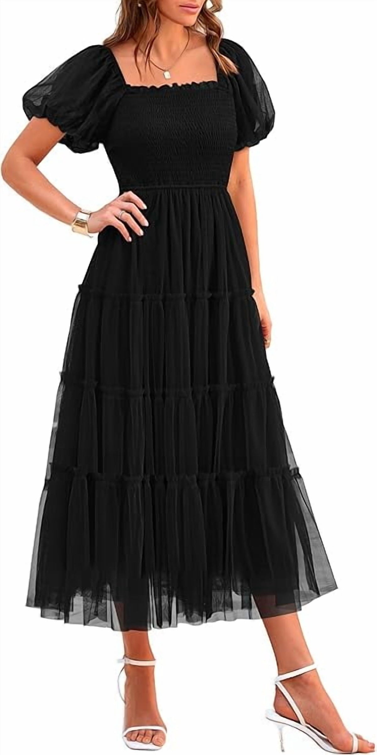 thumbnail image 1 of PRETTYGARDEN Women's Smocked Tulle Midi Dress Summer Square Neck Puffy Short Sleeve Ruffle Wedding Guest Party Dresses, 1 of 10