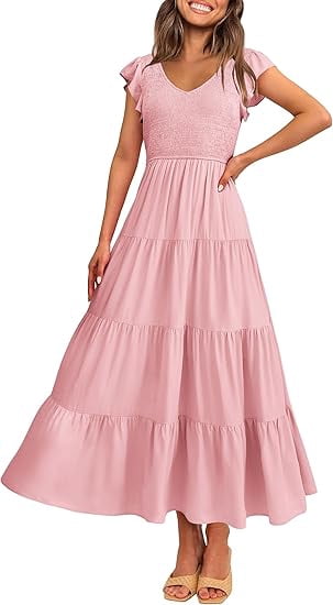 thumbnail image 1 of PRETTYGARDEN Women's Summer Flowy Maxi Dress Casual Cap Sleeve V Neck Smocked Beach Sundress, 1 of 8