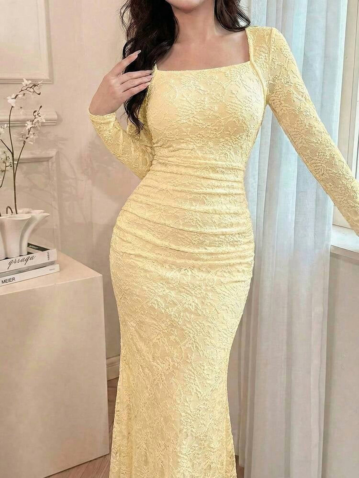 thumbnail image 1 of Pale Yellow Lace Long Sleeve Square Neck Bodycon Evening Dress, 1 of 7