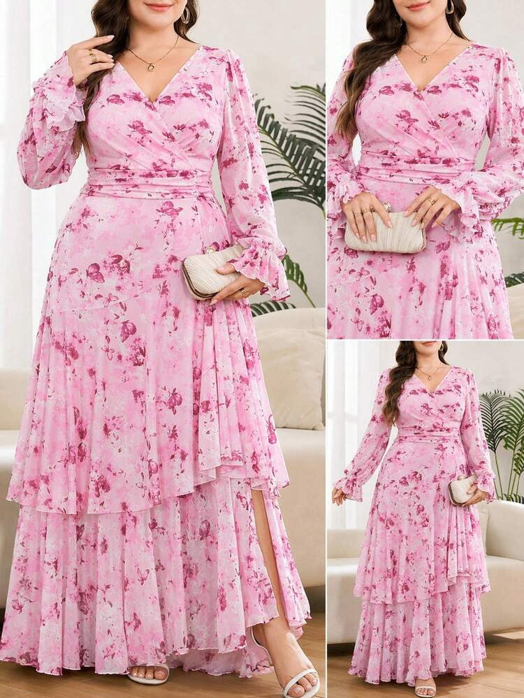 thumbnail image 1 of Pink Floral Print Long Sleeve V-Neck Ruffle Hem Wrap Maxi Dress, 1 of 7