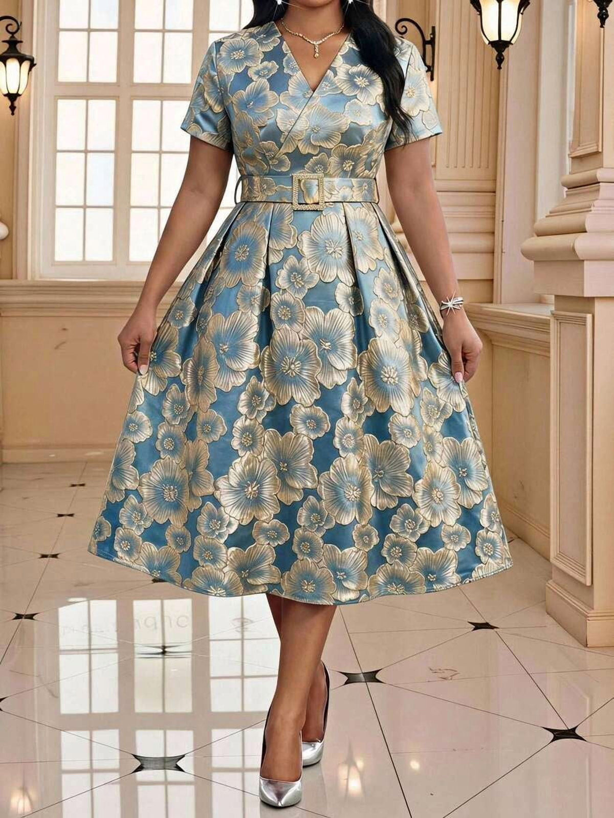 thumbnail image 1 of Plus Size Floral Jacquard Belted Dress V-Neck Short Sleeve Formal Blue, 1 of 5