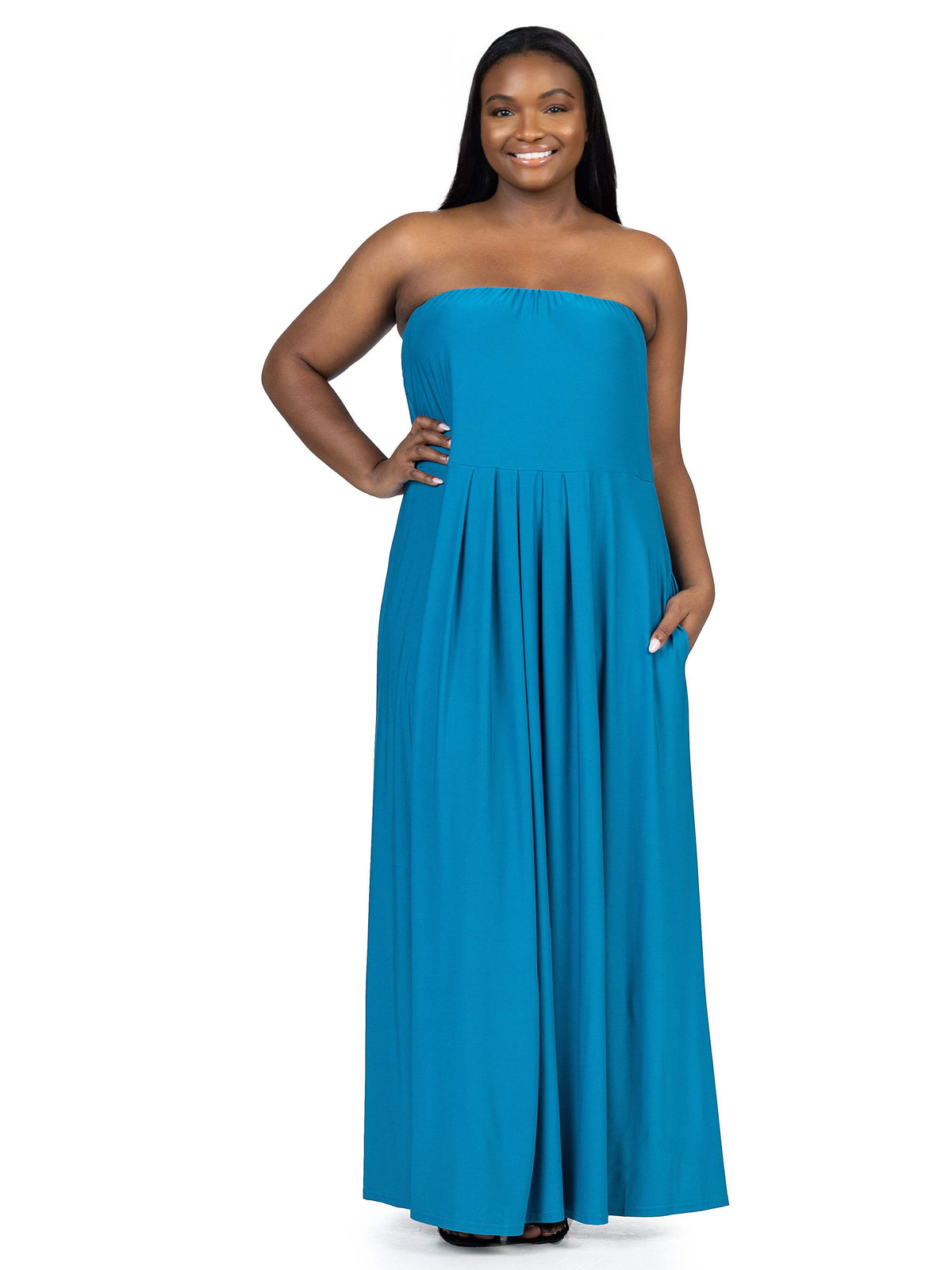thumbnail image 1 of Plus Size Strapless Pleated Pocket Maxi Dress, 1 of 11