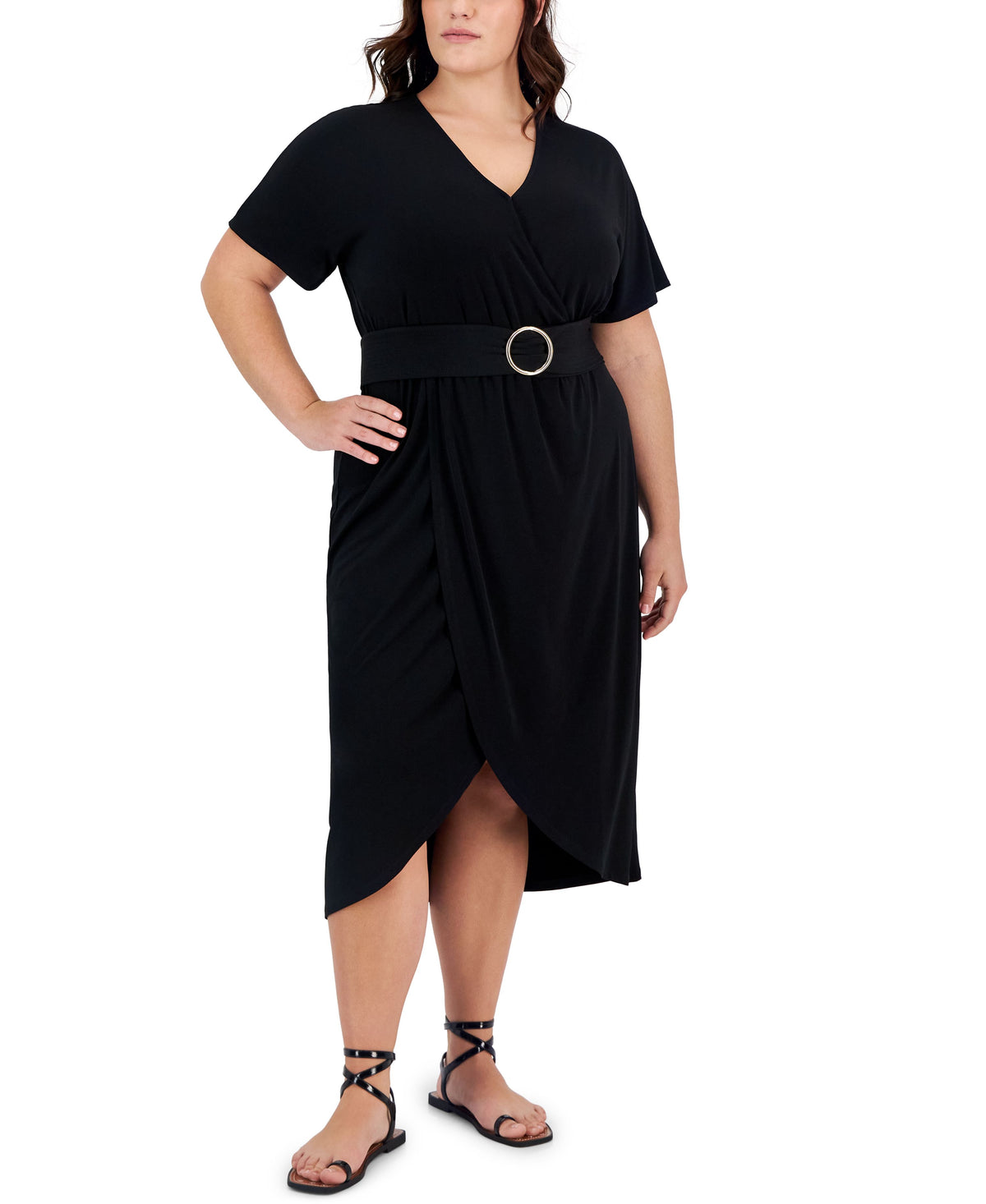 thumbnail image 1 of Plus Size Surplice-Neck Dress Deep Black 3X, 1 of 1
