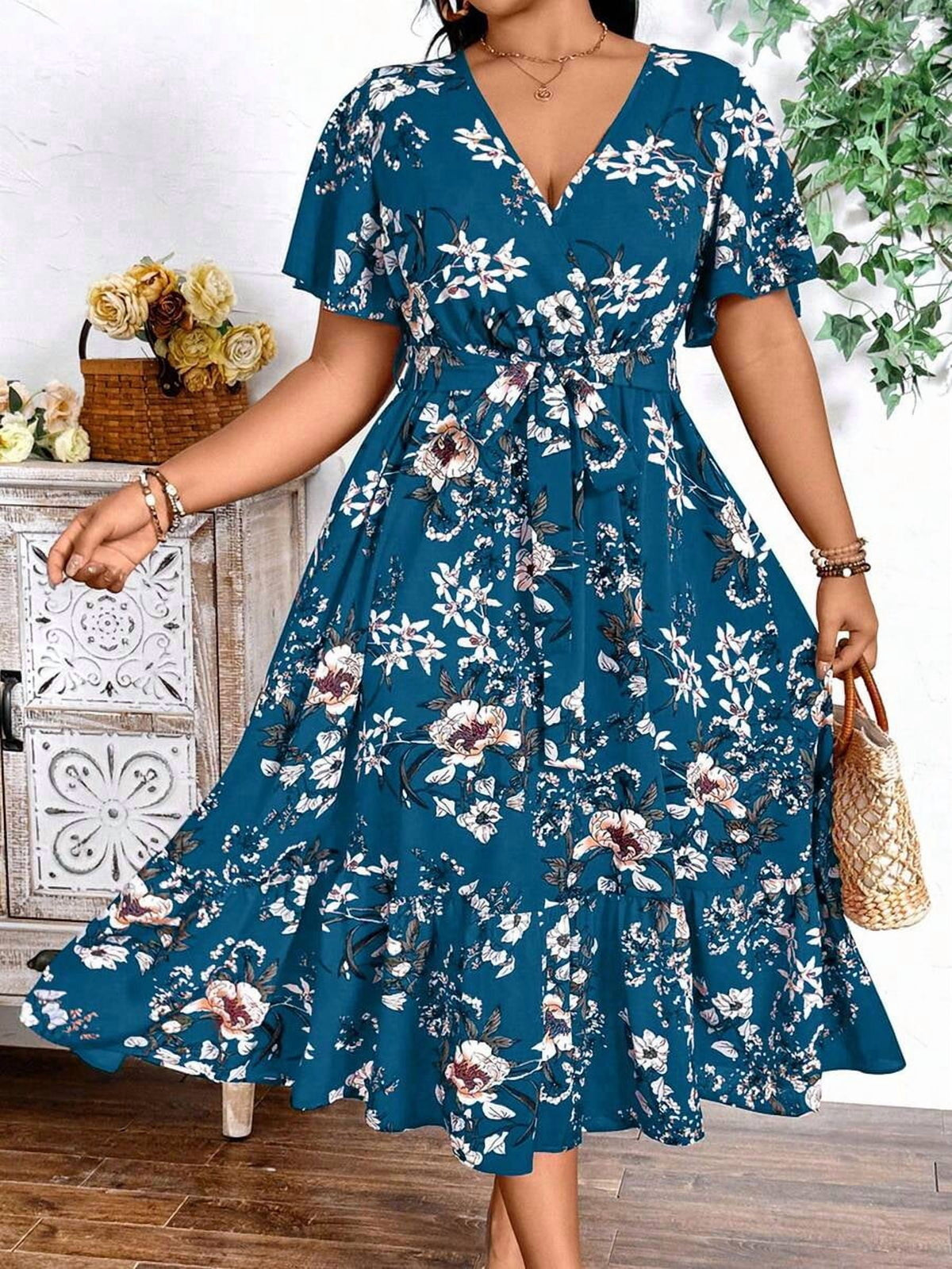 thumbnail image 1 of Plus Size Teal Blue Floral Print V-Neck Wrap Dress Short Sleeve A-Line Maxi, 1 of 6