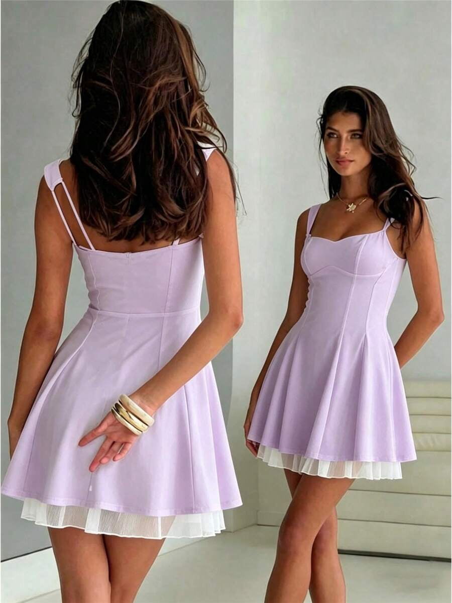 thumbnail image 1 of Purple Sleeveless Square Neck A-Line Mini Dress With Backless Straps, 1 of 30