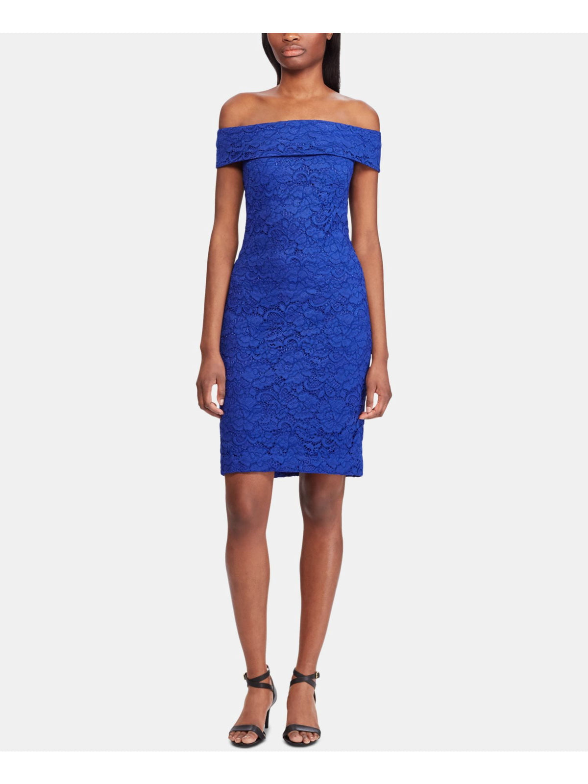 thumbnail image 1 of RALPH LAUREN Womens Blue Lace Off Shoulder Above The Knee Cocktail Body Con Dress 4, 1 of 2