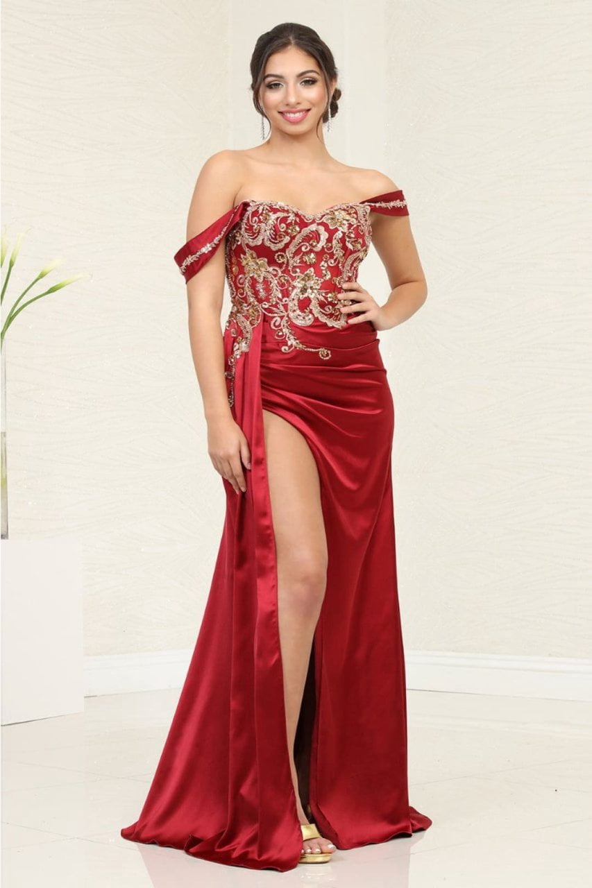 thumbnail image 1 of Royal Queen RQ8055 Juniors Womens Sweetheart High Slit Satin Red Carpet Dress, 1 of 1